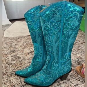 Shimmering Teal Sequin Heeled Boots